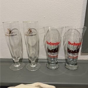 Budweiser Clear Beer Glasses with Red Logo and Gold Accents - Set of 4